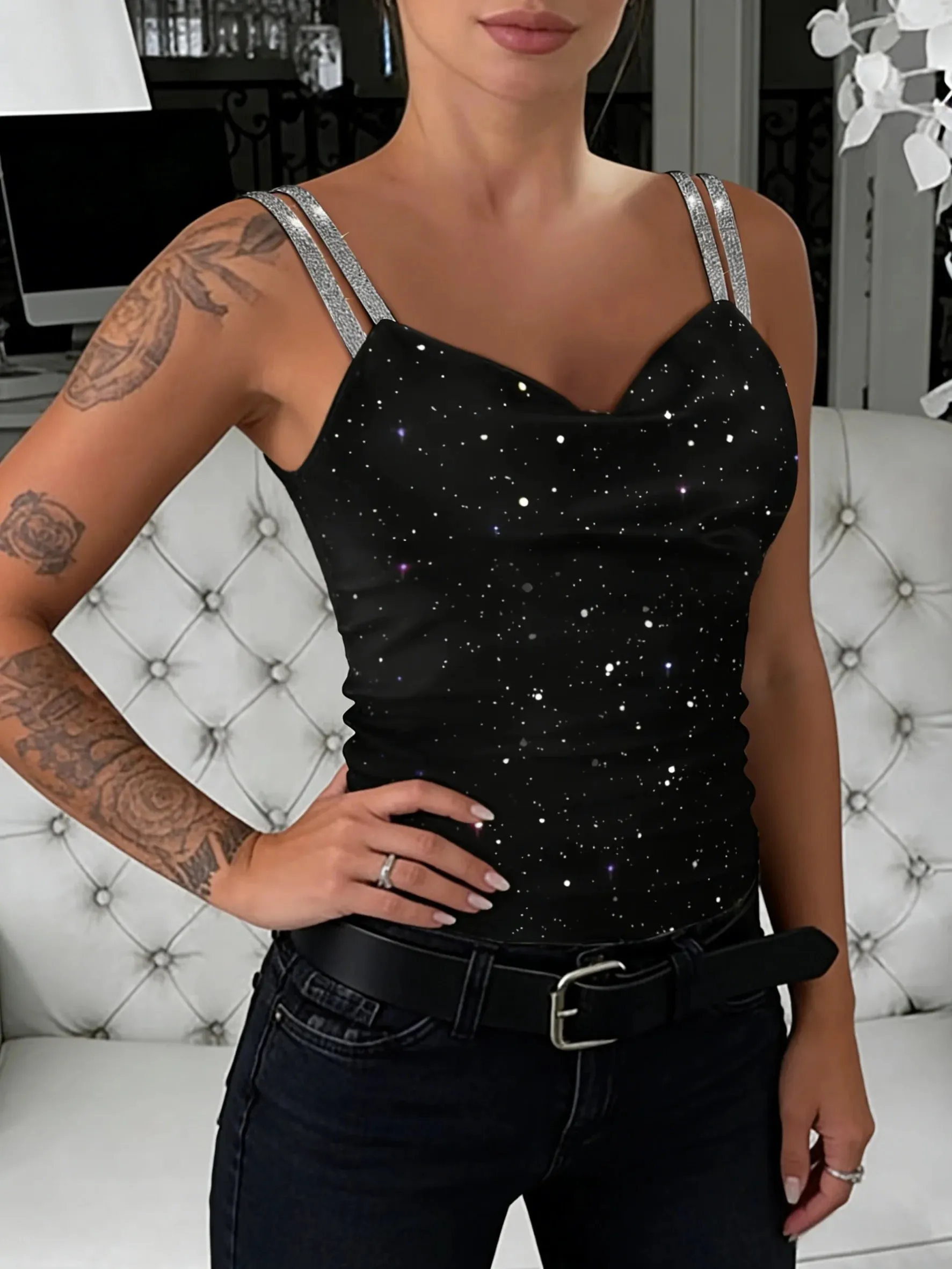Women's Black Sparkly Glitter Cami Top Double Rhinestone Straps V-Neck Spring Summer Slim Fit Sexy Party Fashion Casual Tank Top — image 3