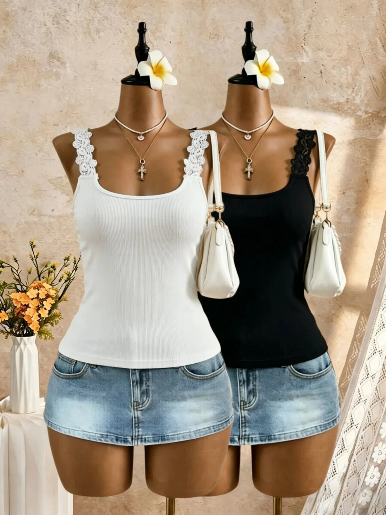 2 Pcs Women Lace Trim Spaghetti Strap Tank Top Ribbed Knit Square Neck Slim Fit Solid White Black Casual Cami Vest