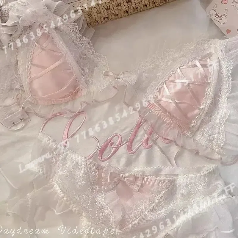 Lolita Style Thin Lace Triangle Cup Bra Set for Women Cute Small Bust Sexy Lingerie Underwear — image 4