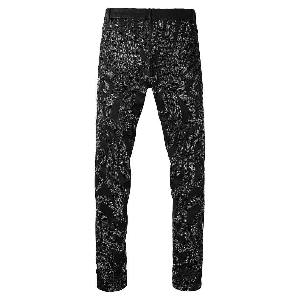 Men Crystal Denim Jeans High Quality Rhinestone Stretch Pants Streetwear Black Skinny Tapered Trousers