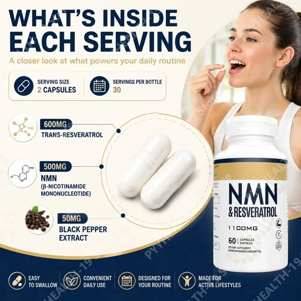 NMN & Resveratrol Supplement – 1100mg Capsules for Cellular Health DNA & Telomere Support with Black Pepper Extract – 60 Ct — image 6