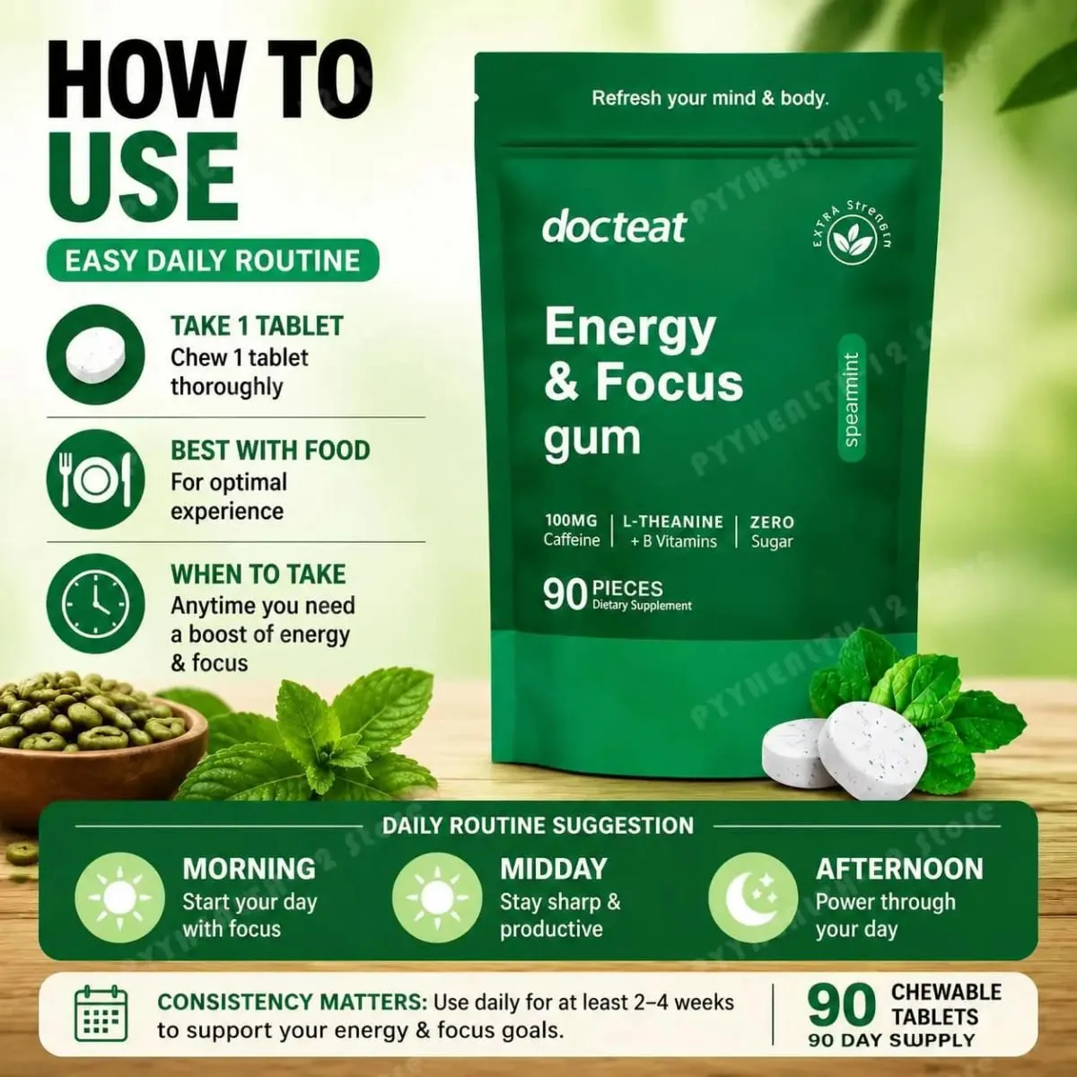 Docteat Energy & Focus Gum Chewable Tablets Zero Sugar with Green Coffee Extract L-Theanine Vitamin B6+B12 90 Chewable Tablets — image 5