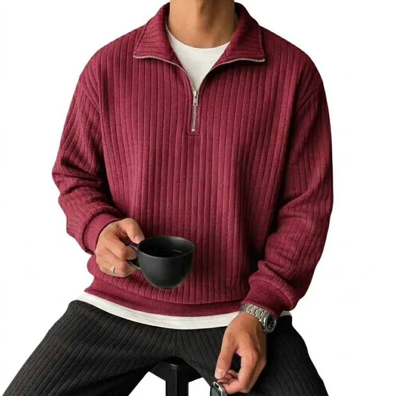 Quarter Zip Men's Sweatshirts Luxury Solid Stripes Pullover Zip Up Hoodies Gym Man V Neck Zip Up Shirts Long Sleeve Mens Coats — image 8