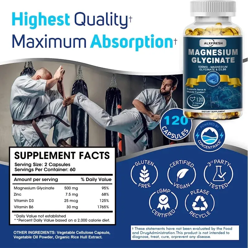 Alxfresh Magnesium Glycinate 500mg Κάψουλα Ψευδάργυρος Βιταμίνη D3 B6 για μυϊκή άρθρωση Νεύρων Ποιότητα ύπνου Άγχος Άγχος Διάθεση Υγεία — image 6