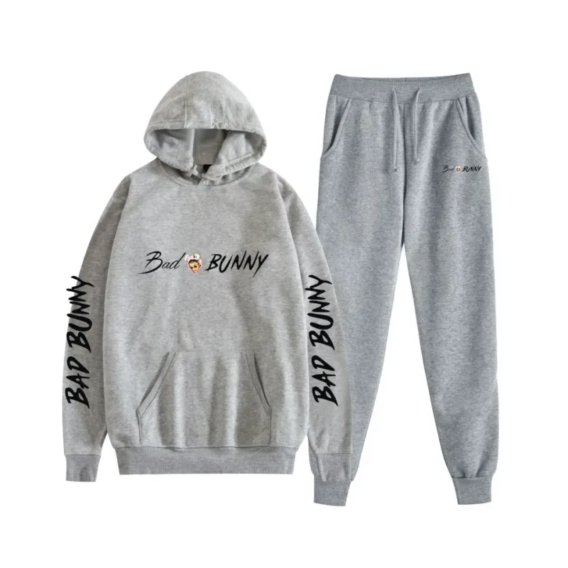 Harajuku Comfortable bad bunny Print Sweatshirt Sweatpants Suit Women's Hoodies+ Trousers Suit Boys/Girls 2 Piece Set Clothes — image 4