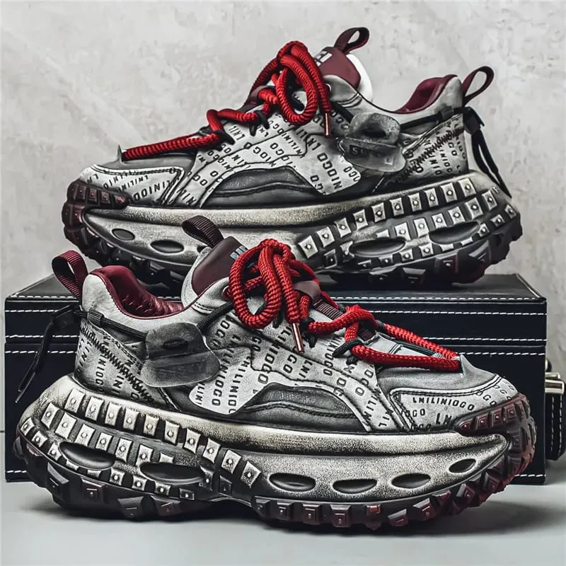 Men's Casual Sneakers with a Patchwork Upper Thick Jute Laces and a Tire-Like Serrated Sole for Added Height and Anti-Slip Grip Making Them Eye-Catching and Suitable for Various Outfits Including Street Wear and Everyday Casual Wear. — image 4
