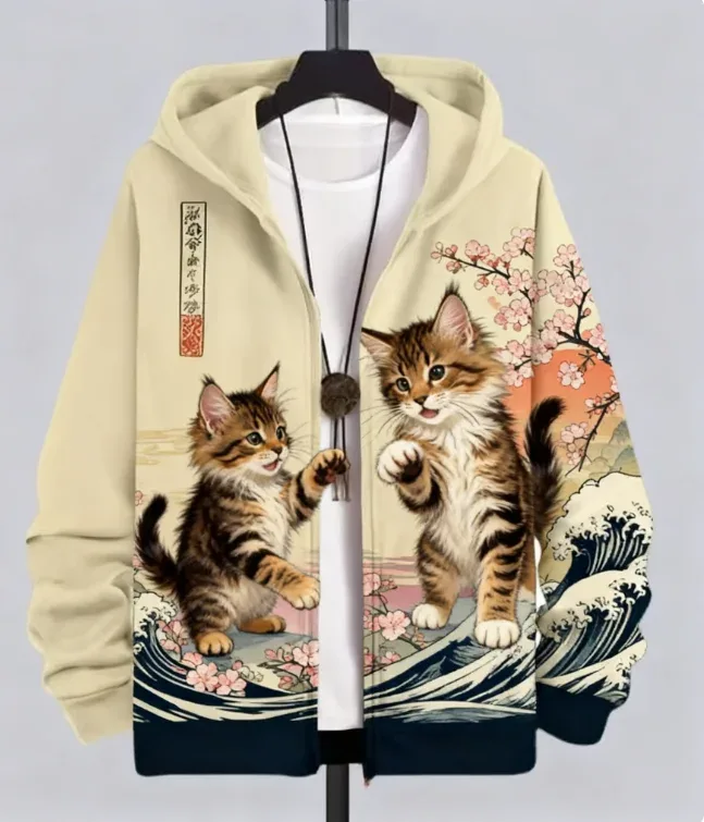 Hot Animal Cat Sweatshirt Zipper Hoodies 3D Printing Man Tracksuit Zipper Lengan Panjang Fesyen Hoodie Pakaian Y2K Lelaki — image 7