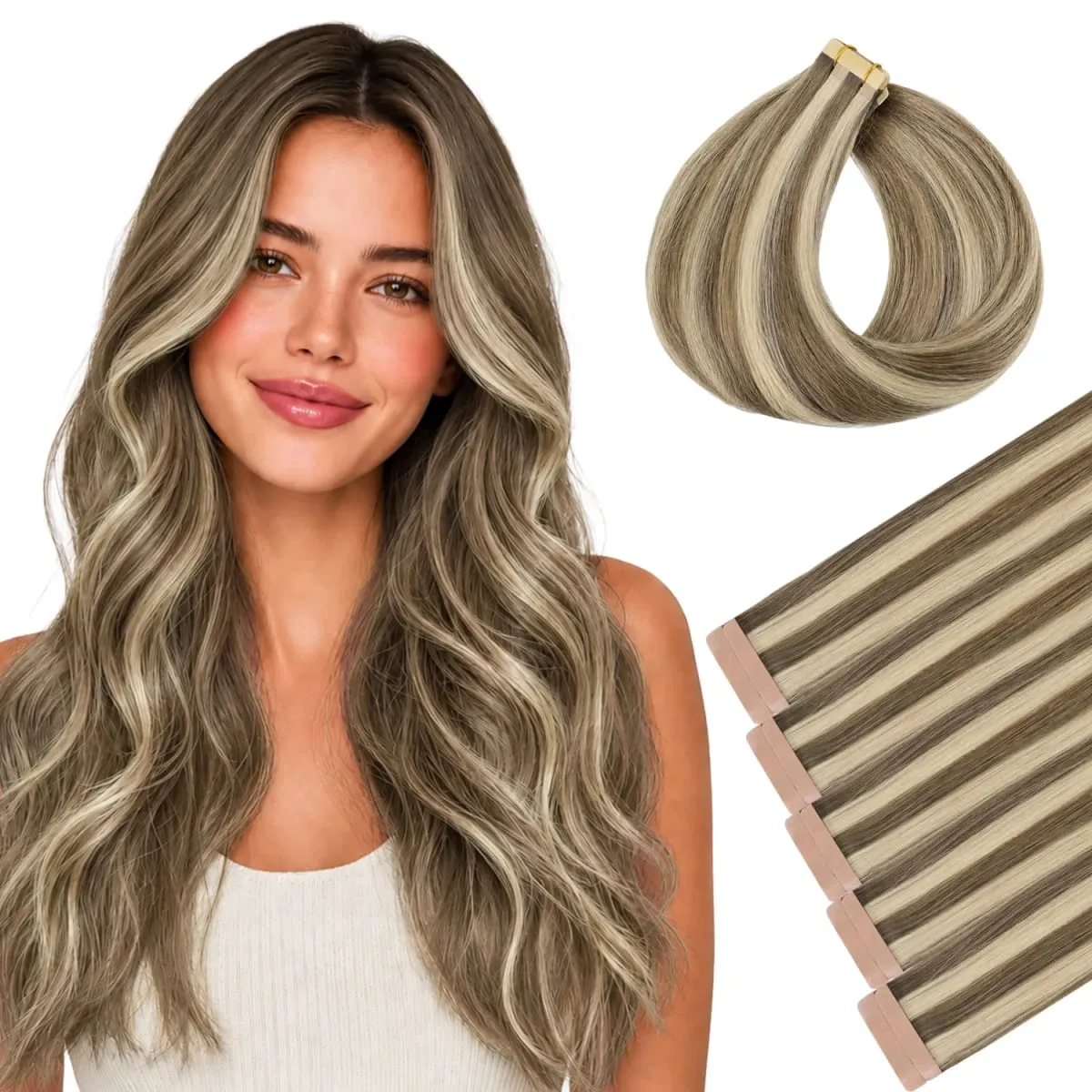 Sunmofavo Invisible Tape In Hair Extensions Seamless Full Thick Silky Straight Ombre Walnut Brown 10Pcs 100% Remy Human Hair