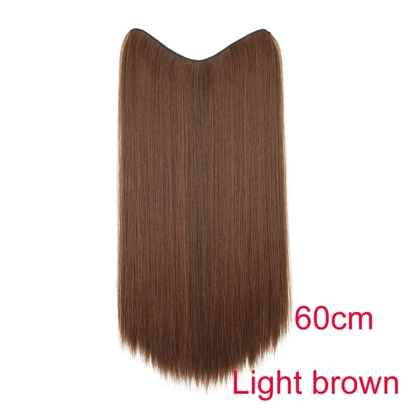 Synthetic 24Inch Long Straight One Piece Hair Extension 4 Clips V-shaped Hairstyle Black Brown Hairpiece for Women Daily Use