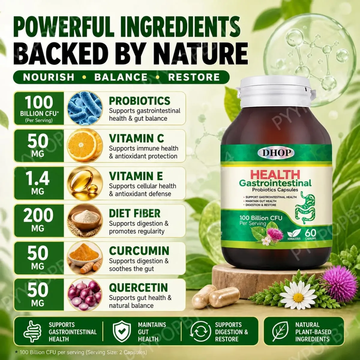 Gastrointestinal Probiotics Capsules Support Gut Health with Vitamin C and Vitamin E Diet Fiber 100 Billion CFU 60 Capsules — image 4