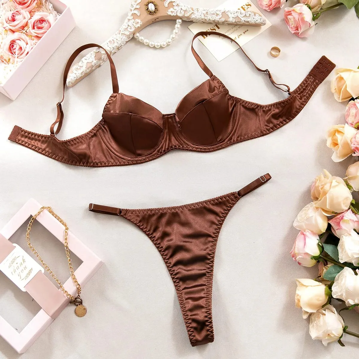 Women Underwear 2 Pcs Sexy Bra Set Underwire Push Up Satin Patchwork Bras and Thongs Suits Attractive Bilizna Intimate Set — image 8