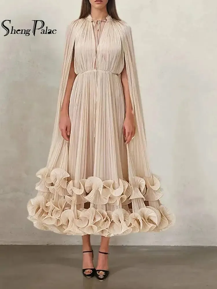 Commuting Style V-neck Cape Style Black Fungus Edge Double-layer Hem Dresses For Women 2026 Autumn New