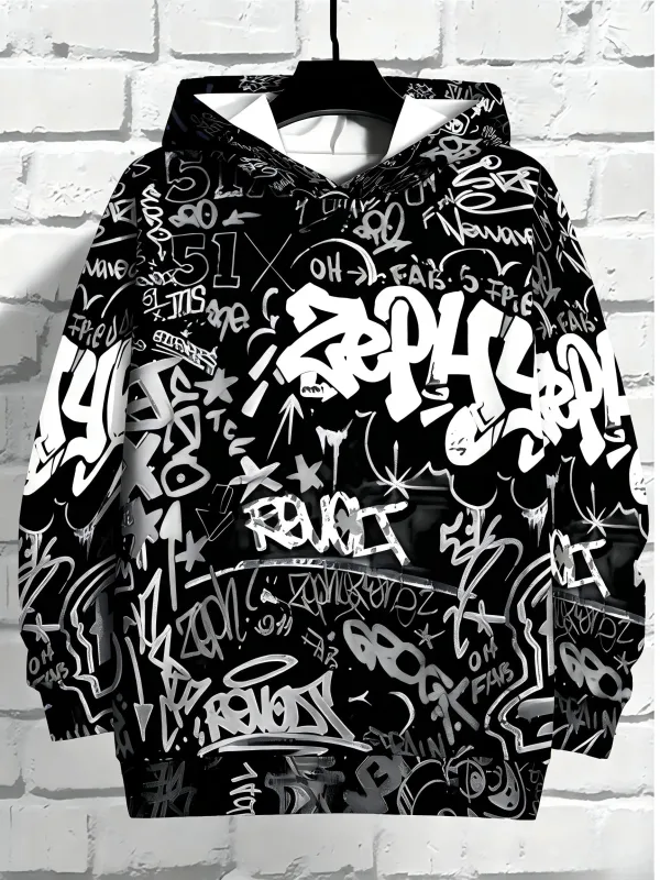 European and American Men's Autumn Gothic Letter Graffiti Print Soft and Comfortable Hooded Sweatshirt Outdoor Street Top — image 1