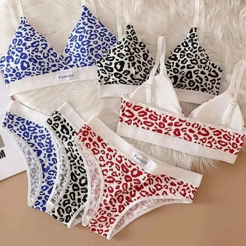 1/3Pcs Seamless Bra Set Low Waist Panties Leopard Bralette Sexy Lingerie Set Vneck Sport Brassiere Female Cotton Underwear