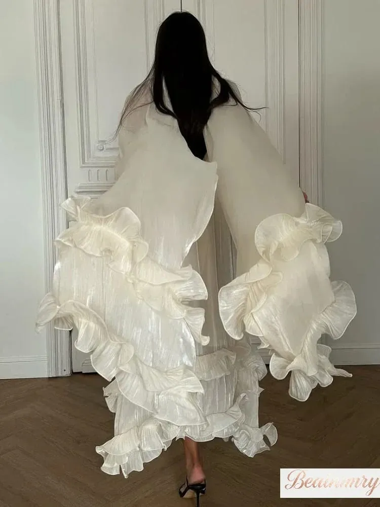 Solid Multi-layer Ruffled Maxi Dress Women's Elegant Sleeveless Off-shoulder High Waist Dresses 2026 Vacation Female Clothing