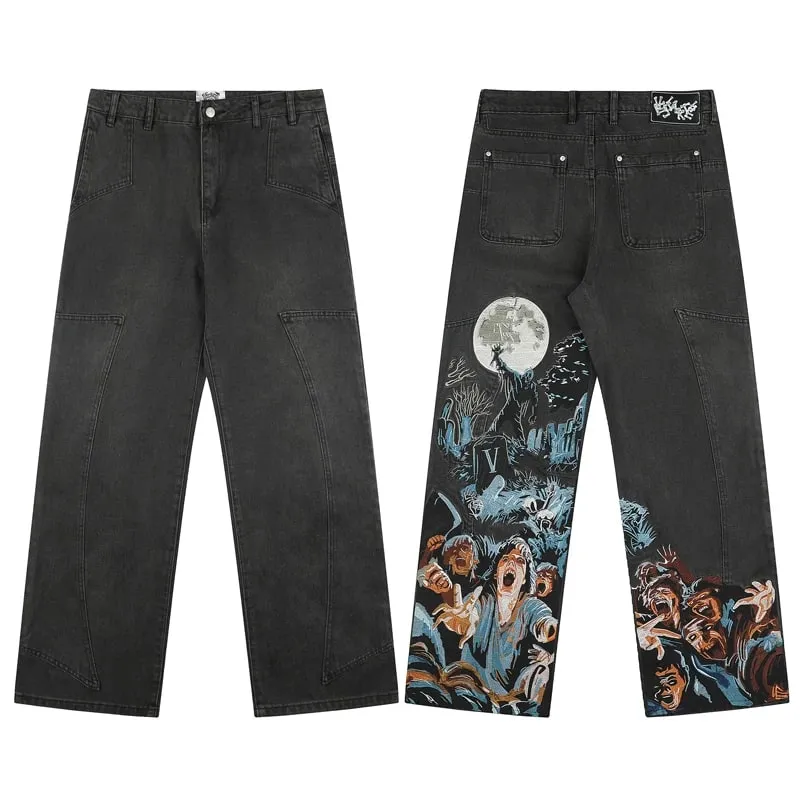 Blue Vescartes Cherry Blossom Knight Loose Straight Jeans High Quality Men Women Streetwear Fashion Denim Trousers Leather Label — image 11