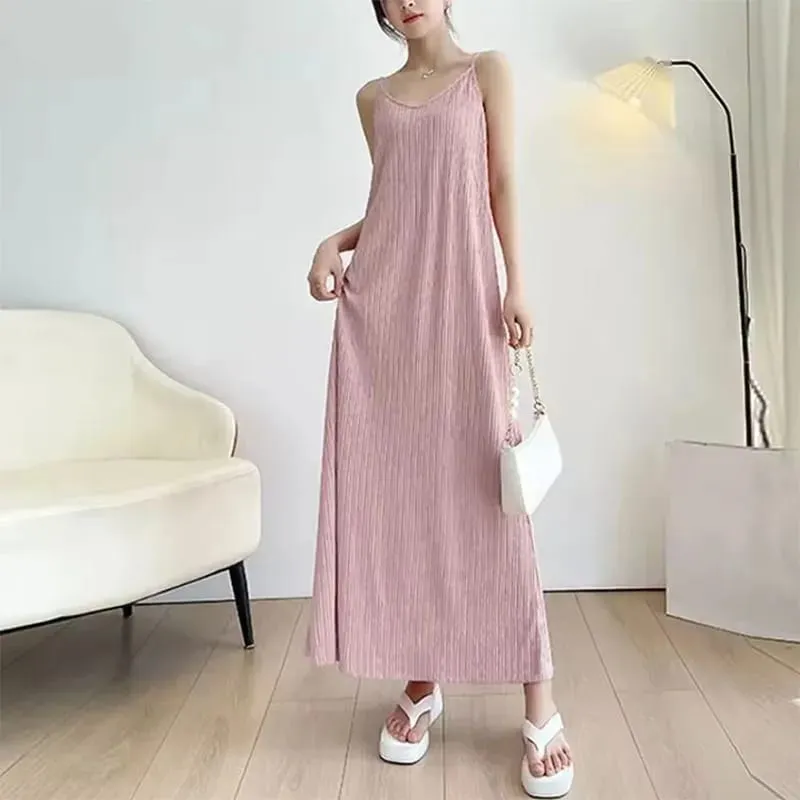 Women Spaghetti Strap Dress 2026 Summer Solid Color Loose Long Beach Sundress Lasy Elegant Sleeveless Evening Party Midi Dresses — image 8