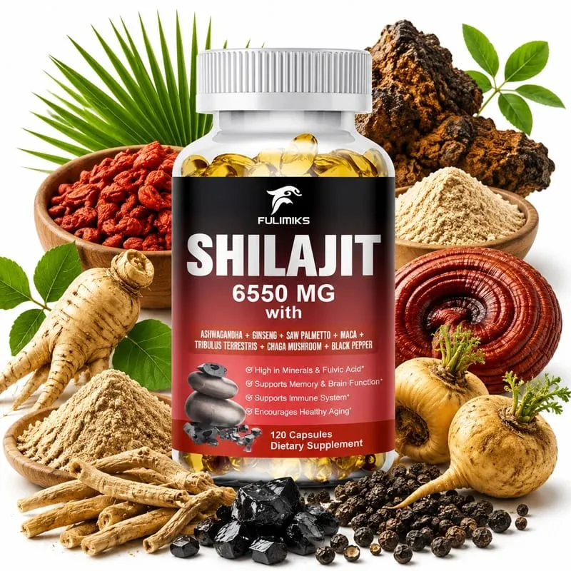 Shilajit 6550MG Capsules with Ashwagandha & Ginseng Supports Energy Stamina Immunity Brain Function & Healthy Aging