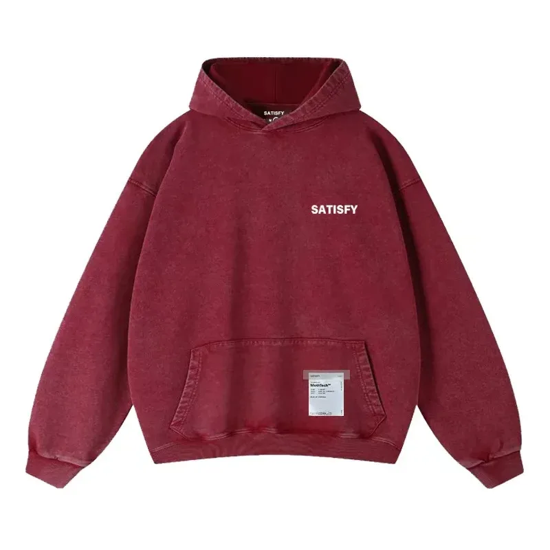 Elf-Adhesive SATISFY Flocking Print Hoodie Sweatshirt Jacket Street Style Loose Fit Long Sleeve for Young Men And Women — image 6