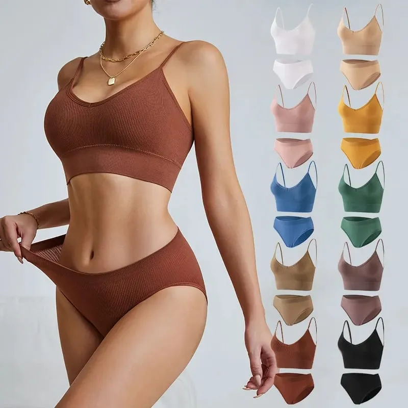 Women's Seamless Ribbed Bra and Panty Set 2 Piece Spaghetti Strap Crop Top High Stretch Lingerie Set with Removable Pads — image 6