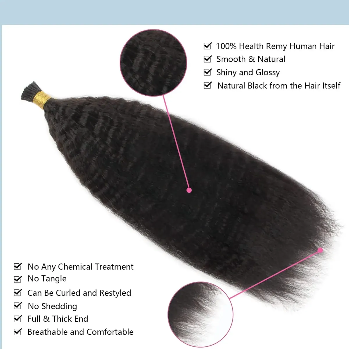 I-Tip-Haarverlängerung, verworrenes glattes Echthaar #1B, vorgebunden, Remy-Micro-Links, Echthaarverlängerung, natürliches Schwarz, 1 g/Strähne