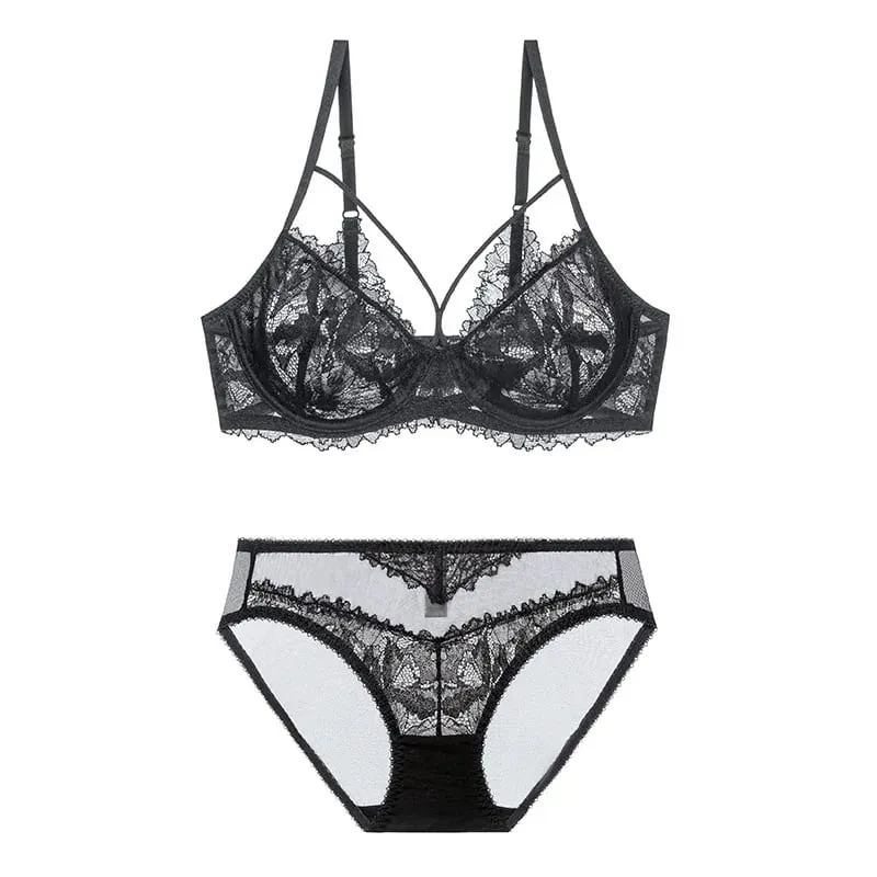L'bellagiovanna Plus Size Minimizer Bra Set Strappy Caged Lace Lingerie Embroidery Sheer Mesh Bralette Underwire Unlined Bra B-E — image 8