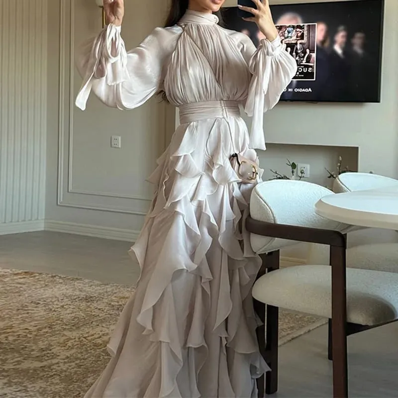 Fashion High Waist Pleat Party Dress Lady Casual High Collar Layered Banquet Dress Elegant Long Sleeve Solid Color Evening Dress — image 9
