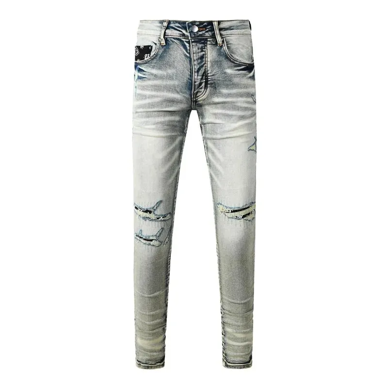 Fashion Americans Brands Men's Jeans Luxury Streetwear Holes Long Trousers Quality Male Stretch Slim Pants Skinny Trousers — image 18