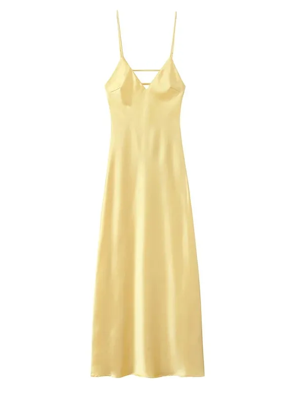 Sexy Yellow Satin Lace Patchwork Dress Spaghetti Strap Sleeveless V Neck Bias Cut Female Dresses 2026 Summer Evening Party Robe — image 13