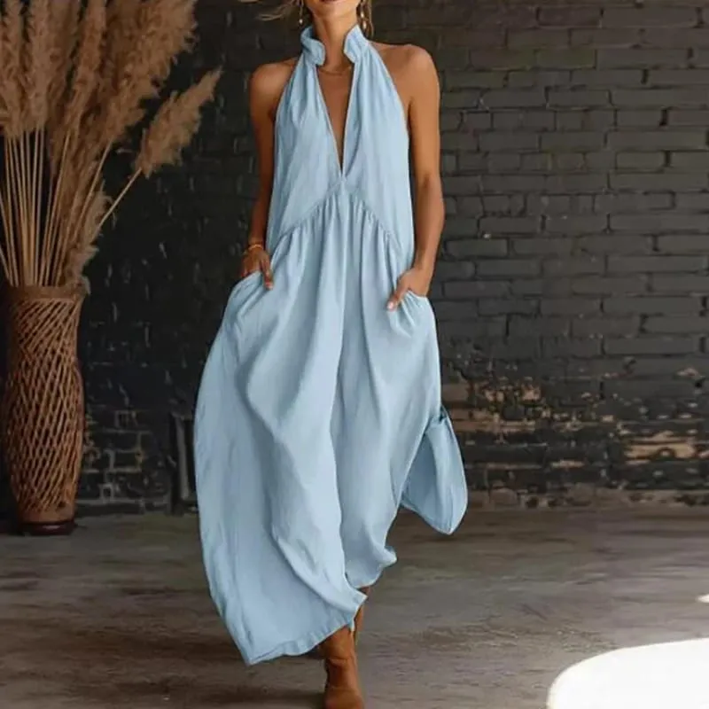 Summer Women Elegant Dress V Neck Sleeveless Pocket Loose Street Style Long Dresses For Women Casual Beach Holiday Maxi Dress — image 3