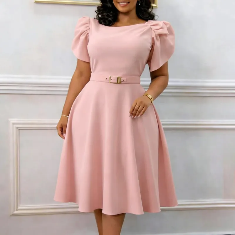 Women Dresses Solid Dress Sashes Round Neck Butterfly Sleeve Knee Length Empire Waist Slight Strech Casual Loose Fit 2026 Summer — image 4
