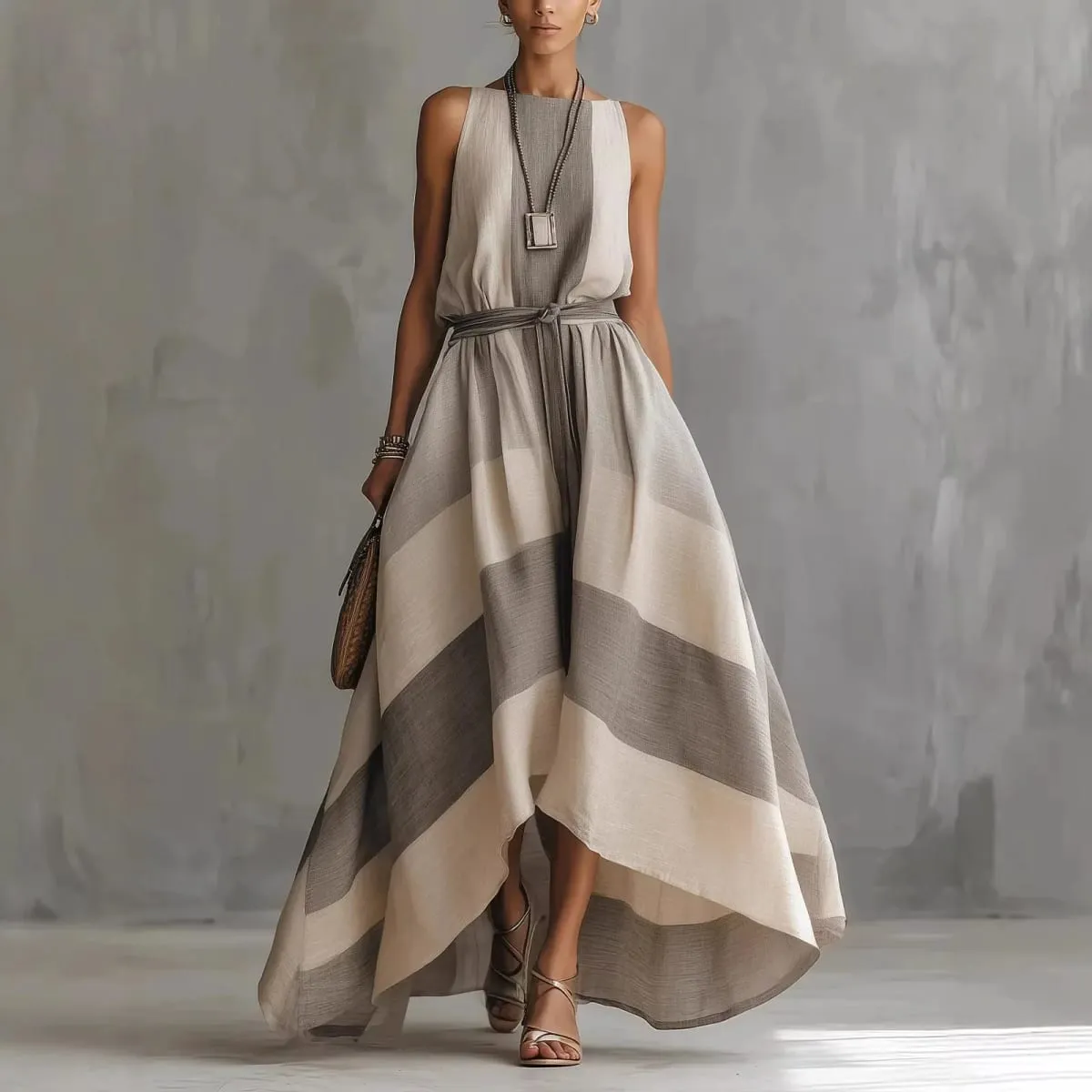 Summer New Irregular Maxi Dresses Women's Fashion O Neck Striped Sleeveless Big Hem Dress Casual Solid Loose Party Beach Dress — image 5