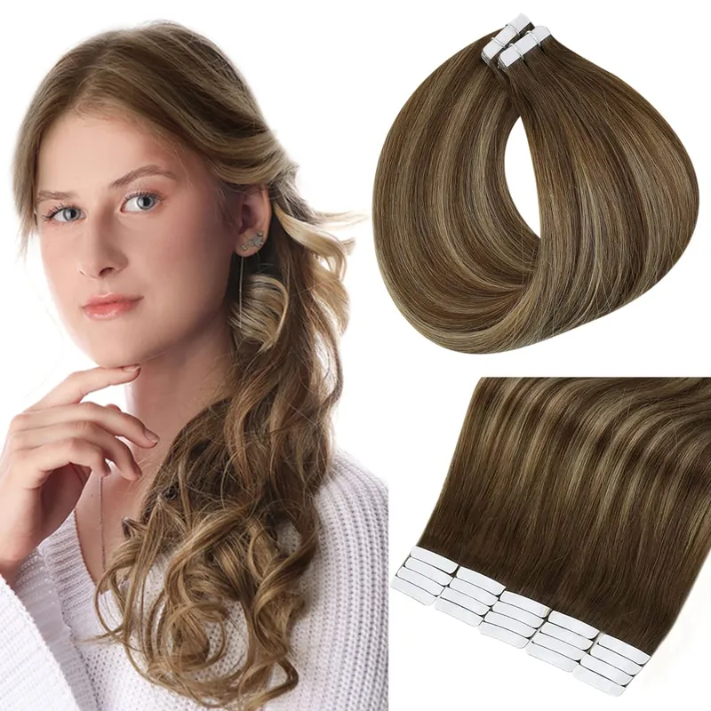 Full Shine Tape in Hair Extensions Human Hair Seamless Silky Straight Skin Weft 20Pcs 50G Add Length for Wedding