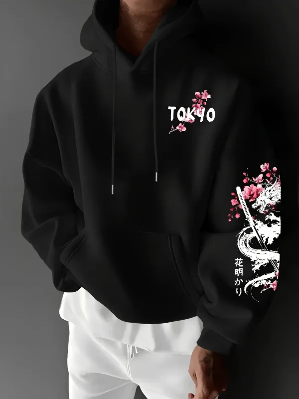 ผู้ชายใหม่ Anime Dragon Cherry Blossom พิมพ์ Hooded Sweatshirt ฤดูหนาวขนแกะสบายๆ Street Comfort แรงบันดาลใจการออกแบบ Hoodie — image 3