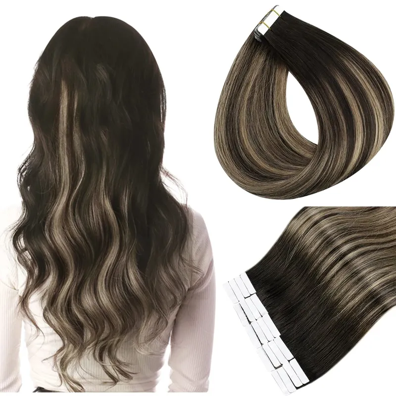 Full Shine Tape in Hair Extensions Human Hair Seamless Silky Straight Skin Weft 20Pcs 50G Add Length for Wedding