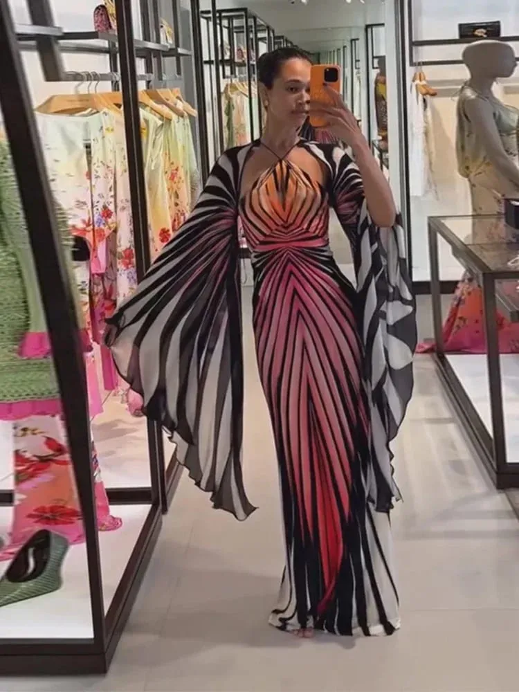 Women Pink Orange Gradient Cape Sleeve Maxi Dress Sexy Halter Neck Cutout Flare Sleeve Gown 2026 Ladies Vacation Party Outfits — image 4