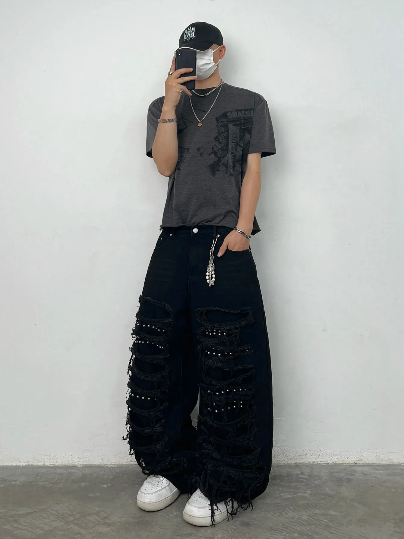 American High Street Double-Layer Patch Ripped Studded Design Black Men's Loose Jeans Y2K Street Hip-Hop Fashion Wide-Leg Pants