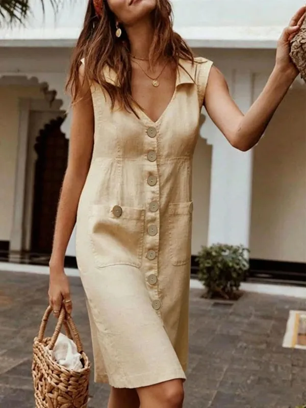 Women's dress summer new fashion V-neck single breasted buckle buckle dress pocket design sense skirt — image 1