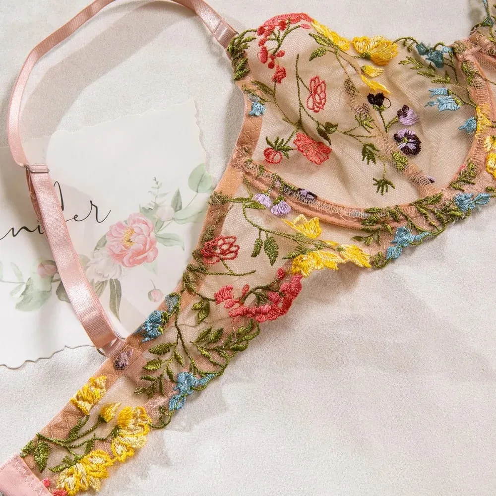 2-Piece Floral Lingerie Set Sheer Embroidery Underwear Intimates Underwire Push-up Versatile Bra Panty Set For Lady Girl — image 1