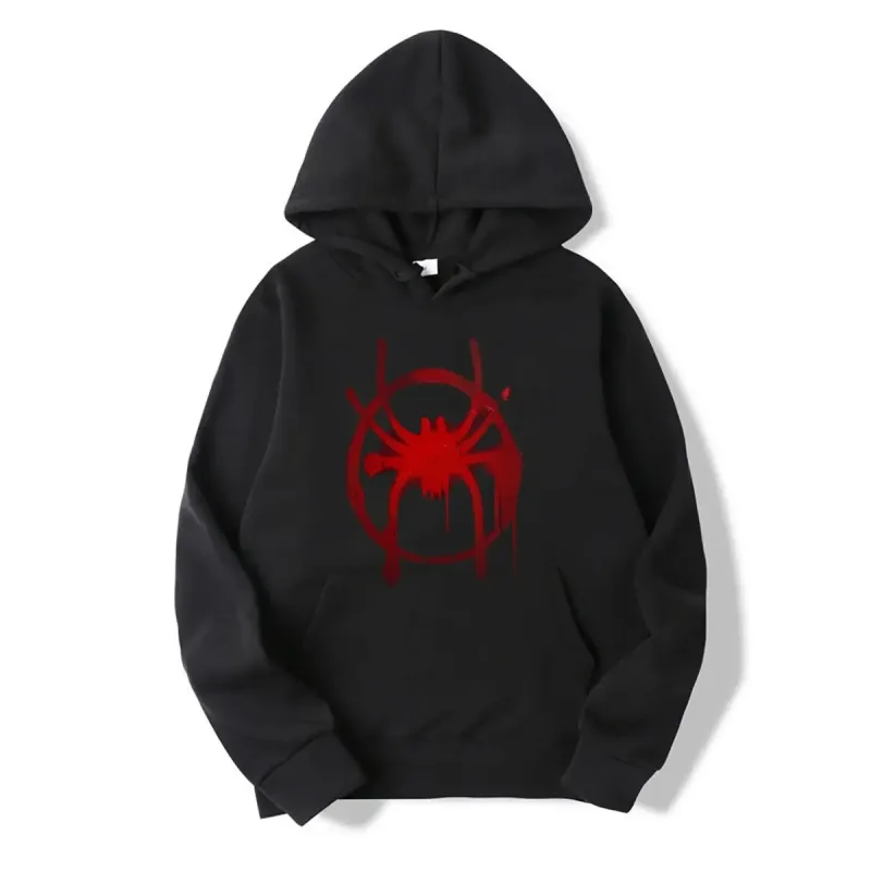Men's and women's casual sportswear. New black hooded sweatshirt. Men's Miles Morales Spider Symbol Print Sweatshirt.