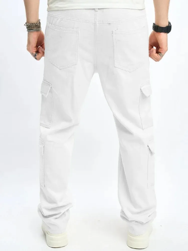 Mens Multiple Pockets Cargo Loose Jeans Streetwear Straight Casual Outdoor Trousers Male Clothing Fashion Denim Pants White — image 4