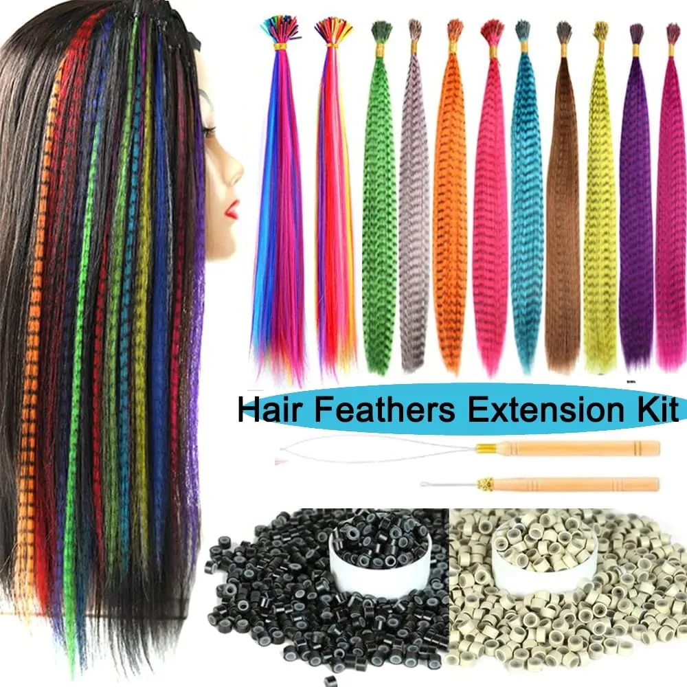 50 Pcs Hair Feathers with Hair Extension Tools Long Straight Synthetic Hair Feather Extensions Kit with Beads for Women Girls — image 2