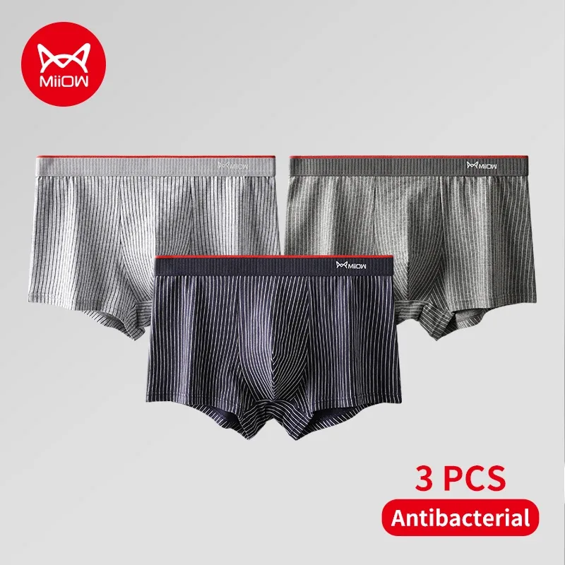 MiiOW 3Pcs Cotton Men's Boxer Underwear AAA Antibacterial Man Boxershorts Seamless Striped Men Underpants Boxer Male Boxer Short
