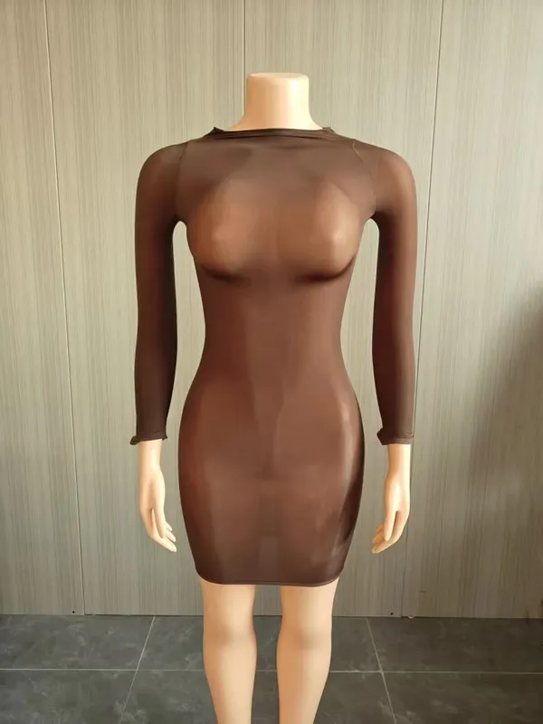 Oil Shiny Seamless Body Stockings Bodycon Mini Dress Women See Through O Neck Long Sleeve High Stretch Silky Glossy Clubwear — image 9