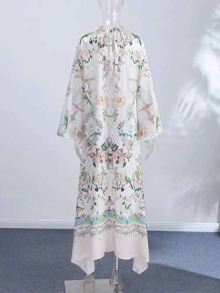 Elegant Printed Belted Maxi Dresses Women Slim Puff Sleeve Lace-up Stand Collar Dress 2026 New Ladies Summer Party Evening Grown — image 6