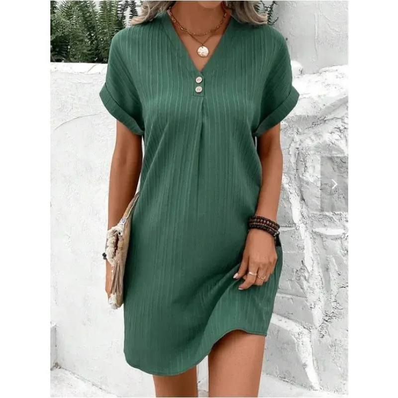 Women's Summer Solid Color Simple Short-Sleeve V-Neck Shirt Dress Comfortable Casual Elegant Loose-Fit Dress with Button Desig — image 2