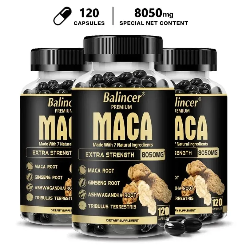 20X Natural Concentrated Extracts Black + Red + Yellow Maca Root Korean Ginseng Ashwagandha Maca Root Capsules 8050 Mg