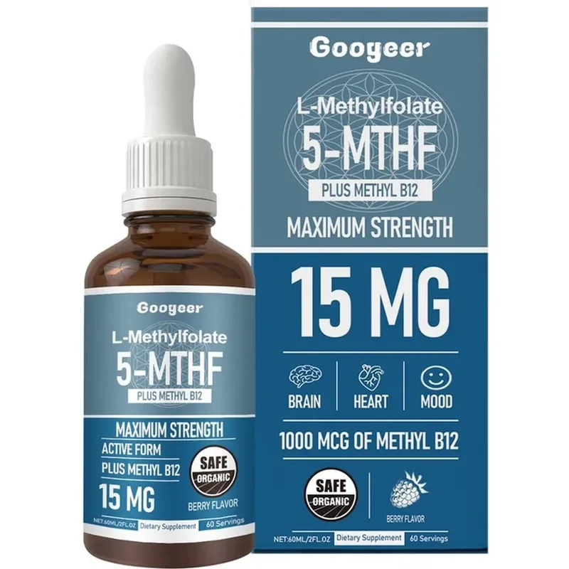 Googeer L-Methylfolate 5-MTHF Liquid Drops with Methyl B12 15mg 1000mcg Maximum Strength Heart Brain Mood Support 60ml