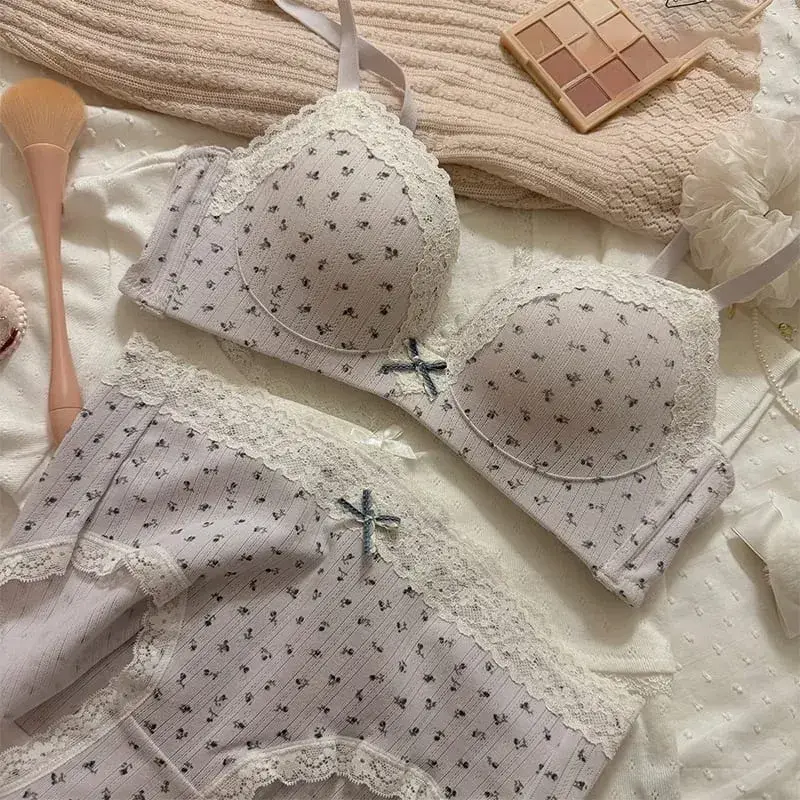 Sexy Lace Floral Bra Set Comfortable Non-steel Ring Beauty Back Small Breasts Gathered Up Support Anti-sagging Teenage Bra Set — image 4