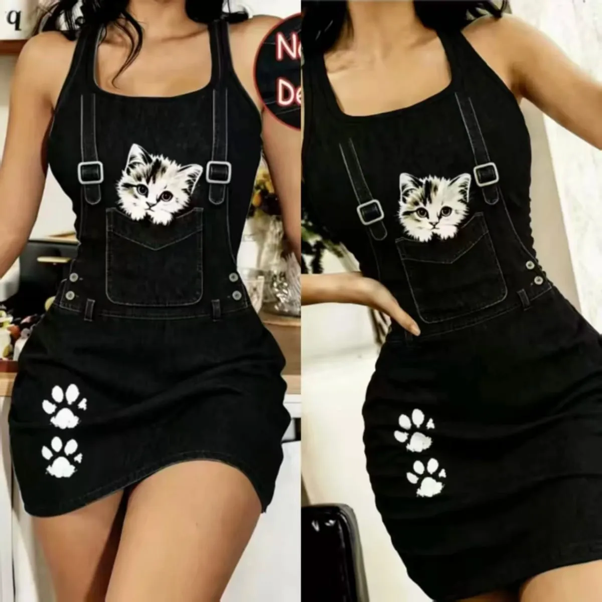Women’s Spring and Summer Casual Slim-Fitting Spaghetti Strap Sleep Dress Made from Non-Denim Fabric. A Faux Denim cartoon Ca — image 3